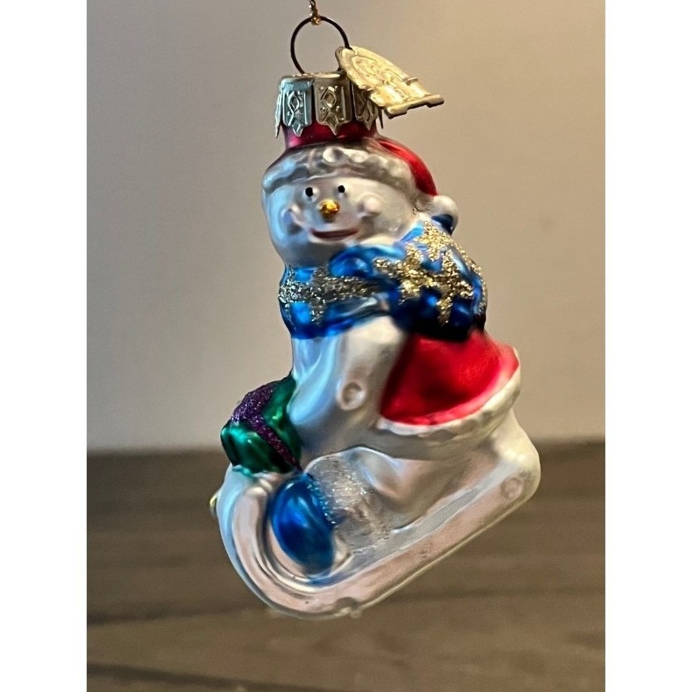 Thomas Pacconi Classics 2003 Snowman on Sled Glass Christmas Ornament 2.75"